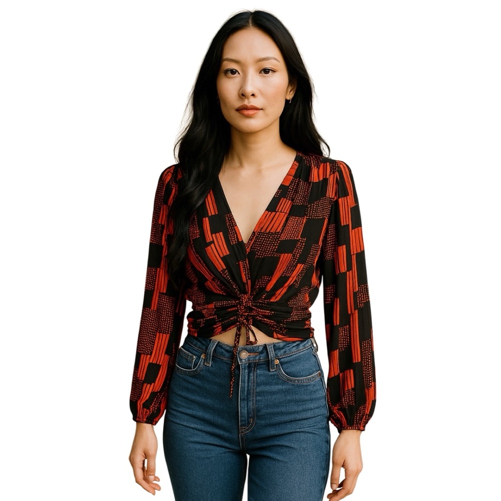 Ina black & red modern print cinch front balloon sleeve blouse size S